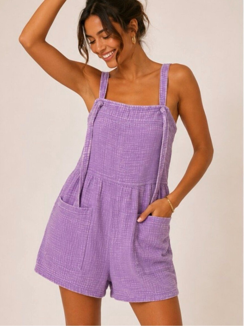 Zenana Lilac Gauze Styled Romper with Front Pockets Boho, in time for summer